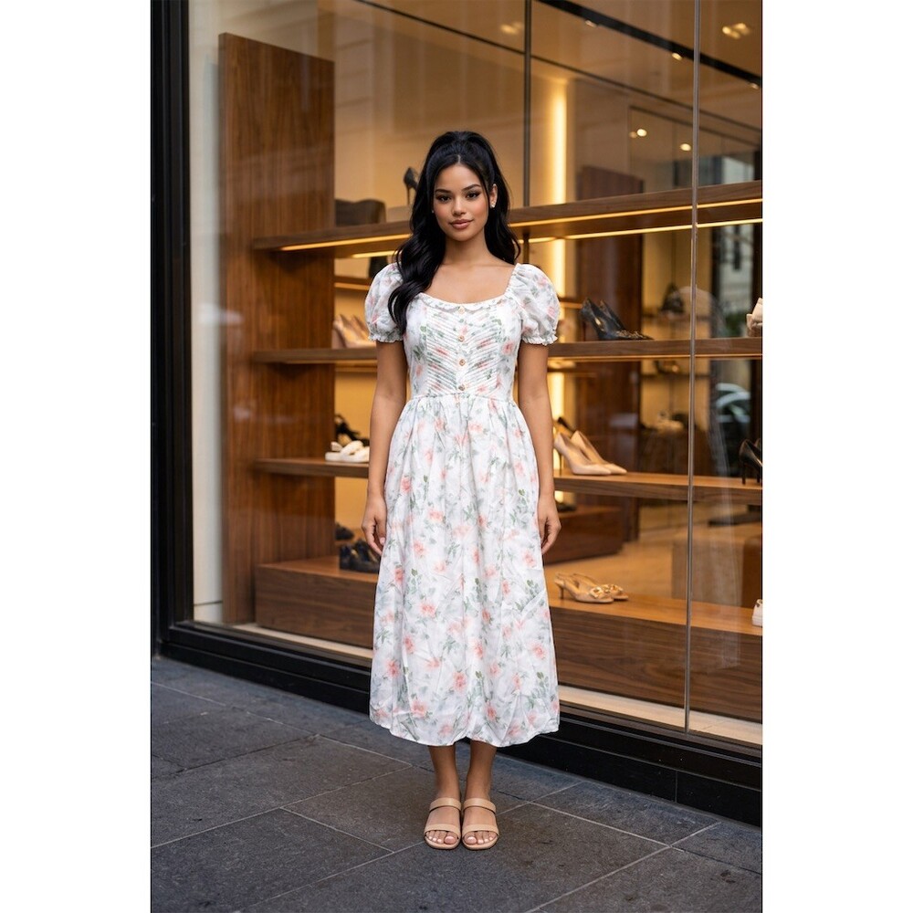 Rosie Posie Dress Womens S Ivory Floral Midi Fit & Flare Cottagecore Lined